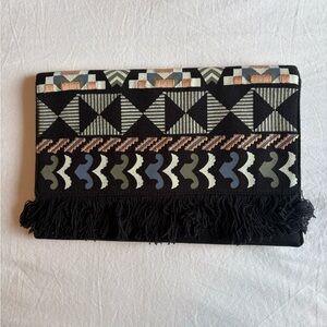 Black Geometric Pattern Clutch With Fringe- Stella & Dot
